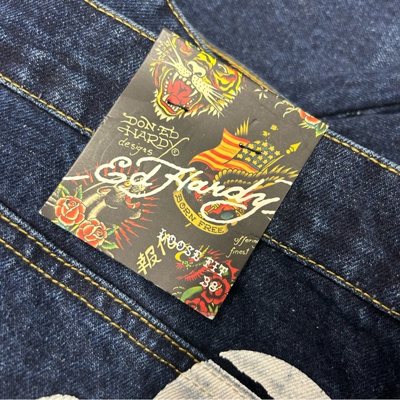 Ed Hardy Denim Jeans Tiger Painted Pockets Dark Wash Loose Fit NWT Mens 38 42 - Picture 6 of 11